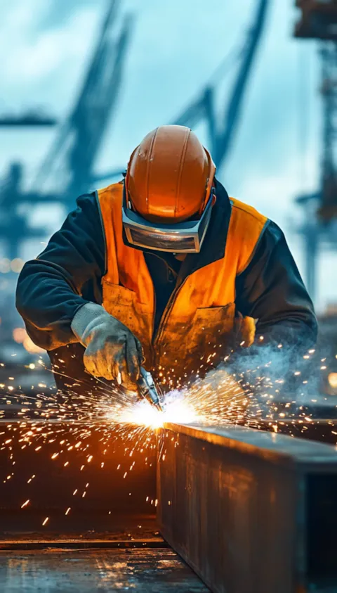 Industrial workers welding steel components at a heavy manufacturing site, symbolizing traceability, verification, and decarbonization efforts in hard-to-abate sectors.