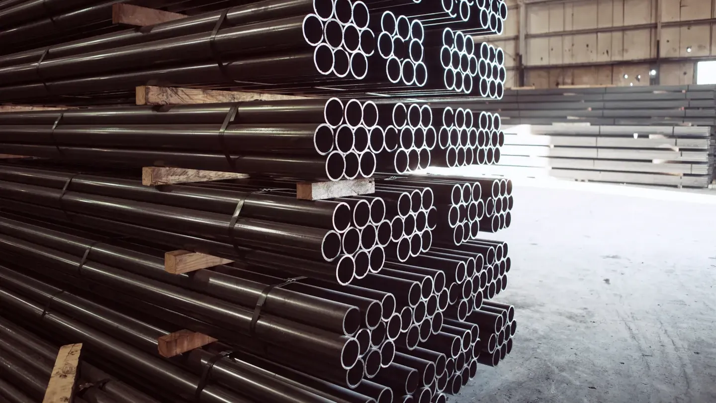 Stacked steel pipes stored in an industrial facility, representing pressure equipment components undergoing testing and verification
