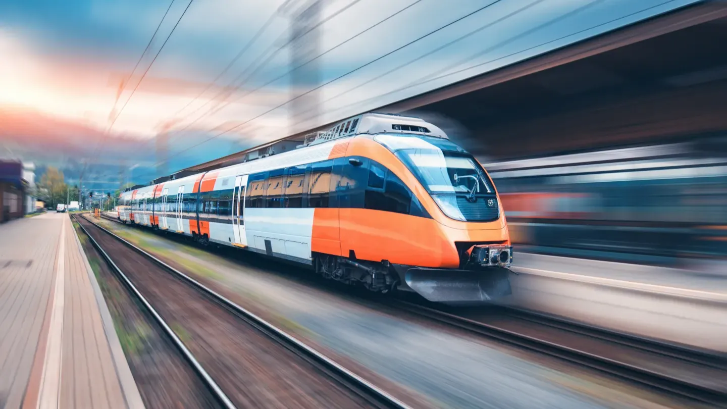 High-speed passenger train in motion illustrating cybersecurity visibility and supplier risk monitoring across the rail supply chain