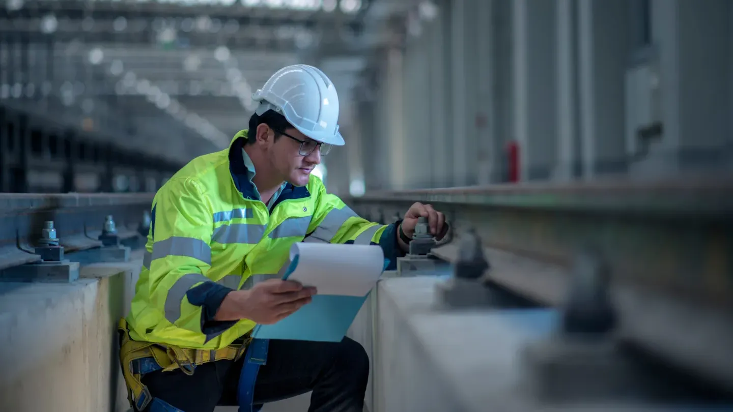Rail cybersecurity engineer conducting system inspection and vulnerability assessment inside a rail operations facility
