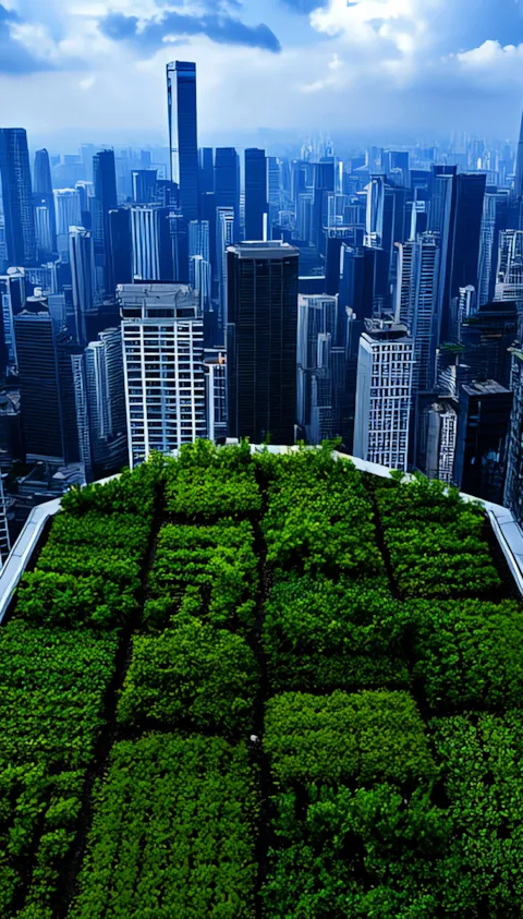 Aerial view of modern city skyscrapers with a rooftop green garden, symbolizing sustainable finance, environmental responsibility, and climate-aligned investment assurance.